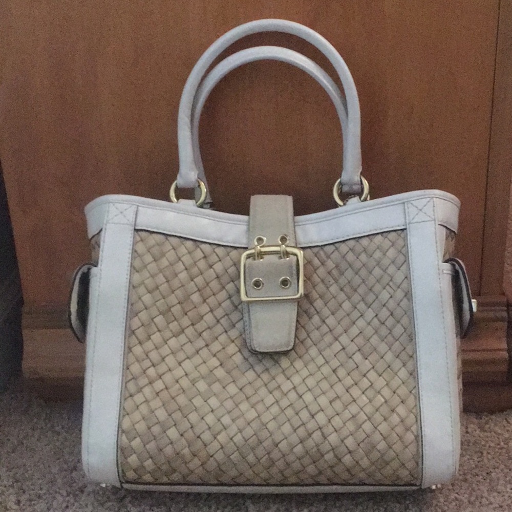 White and Straw Coach Tote Bag